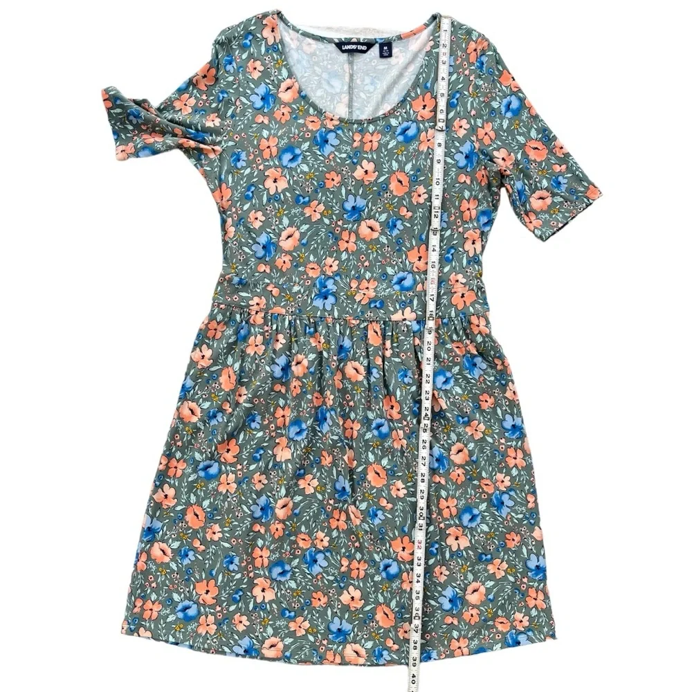 Lands’ End Womens Medium Gray Blue Orange Floral Short Sleeve Midi T-shirt Dress - Picture 4 of 16